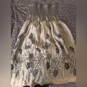 Strapless Floral Smocked Linen Dress in Beige and Gray